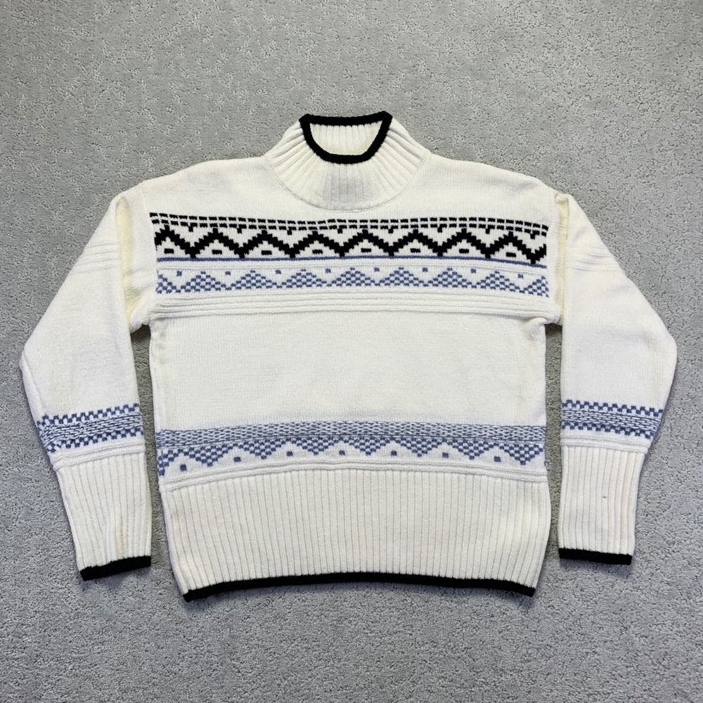 Christian Siriano Womens Sweater Size Large Mock Neck Fair Isle White Blue Knit